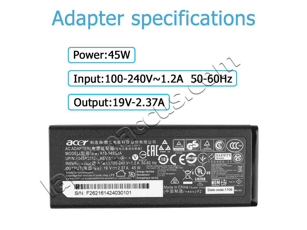 Origineel 45W Voeding Oplader Acer Aspire V3-372-518M + Kabel
